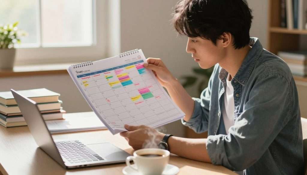 A focused student, dressed in casual yet professional attire, is seated at a tidy desk, closely examining a study planner filled with neatly organized notes. Beside them lies a large, colorful weekly calendar, with various study goals written in different shades of ink, creating a sense of movement and anticipation. The foreground features a cozy, well-lit study space, with a laptop open, a cup of coffee steaming gently, and textbooks stacked beside the student. In the background, a softly lit window allows warm sunlight to pour in, casting gentle shadows across the room. The overall mood is one of determination and clarity, capturing the essence of planning and motivation in a personal study environment. A focused student, dressed in casual yet professional attire, is seated at a tidy desk, closely examining a study planner filled with neatly organized notes. Beside them lies a large, colorful weekly calendar, with various study goals written in different shades of ink, creating a sense of movement and anticipation. The foreground features a cozy, well-lit study space, with a laptop open, a cup of coffee steaming gently, and textbooks stacked beside the student. In the background, a softly lit window allows warm sunlight to pour in, casting gentle shadows across the room. The overall mood is one of determination and clarity, capturing the essence of planning and motivation in a personal study environment.