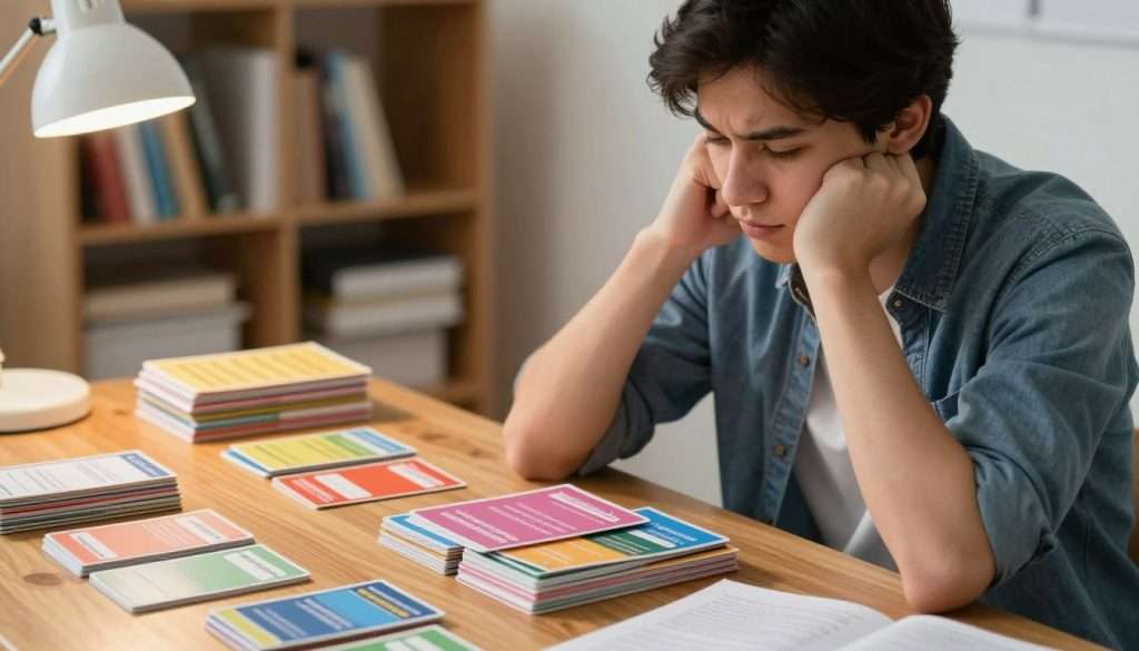 A focused student, dressed in casual yet professional attire, sits at a wooden study desk cluttered with colorful flashcards. In the foreground, the student, a young adult with short dark hair, has a contemplative expression as they recall an answer, eyes slightly squinted in concentration. The middle layer features a stack of vibrant flashcards displayed openly, with various subjects visible in neat piles. In the background, a softly blurred bookshelf is filled with textbooks, a warm desk lamp casts a cozy glow, enhancing the studying atmosphere. The image is captured from a subtle angle, emphasizing the student's focus, with soft, natural lighting creating a serene mood, perfect for studying and learning. A focused student, dressed in casual yet professional attire, sits at a wooden study desk cluttered with colorful flashcards. In the foreground, the student, a young adult with short dark hair, has a contemplative expression as they recall an answer, eyes slightly squinted in concentration. The middle layer features a stack of vibrant flashcards displayed openly, with various subjects visible in neat piles. In the background, a softly blurred bookshelf is filled with textbooks, a warm desk lamp casts a cozy glow, enhancing the studying atmosphere. The image is captured from a subtle angle, emphasizing the student's focus, with soft, natural lighting creating a serene mood, perfect for studying and learning.
