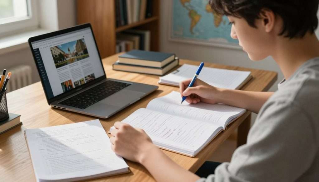 A focused student, dressed in modest casual attire, sits at a wooden desk, deeply engaged in study. In the foreground, she is writing recall questions in a margin beside neatly organized history notes, using a blue pen. The middle of the image showcases open notebooks filled with handwritten notes and diagrams, along with a laptop displaying a history webpage. In the background, a softly illuminated room filled with bookshelves and a world map creates a warm, scholarly atmosphere. Natural light streams in from a window, casting gentle shadows across the desk, enhancing the mood of concentration and dedication. The scene embodies a sense of productivity and effective learning techniques.