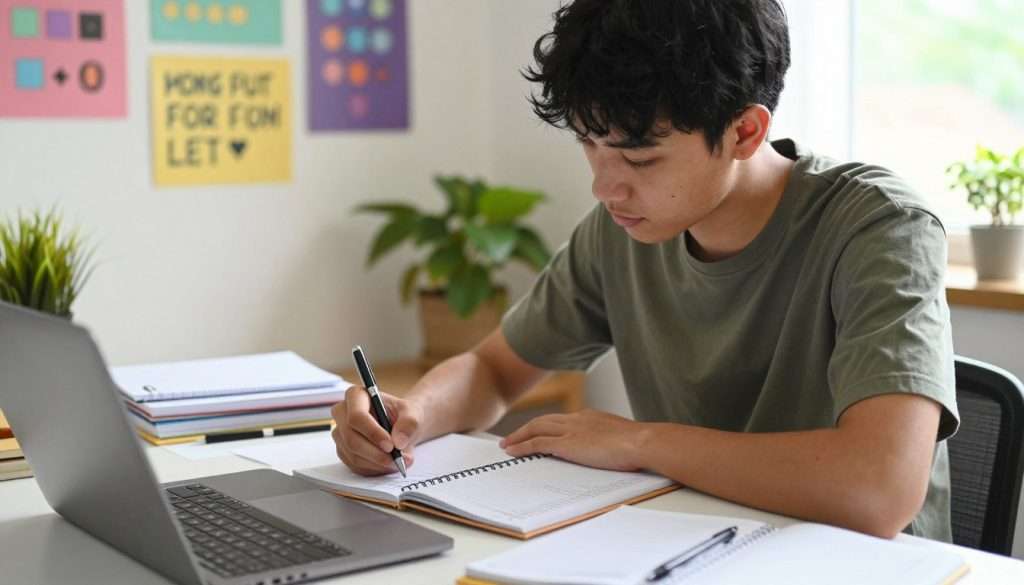 A focused student, dressed in modest casual clothing, sits at a desk cluttered with notebooks, pens, and a laptop. In the foreground, the student holds a pen, checking off items on a study list displayed on a notebook. The middle ground features a colorful wall with motivational posters and a potted plant, creating an inviting study space. The background reveals a window with soft natural light streaming in, illuminating the scene and enhancing the sense of calm productivity. The mood is determined yet relaxed, conveying the struggle of maintaining motivation while studying. The camera angle captures the student's concentration from a slightly elevated perspective, emphasizing the task at hand. A focused student, dressed in modest casual clothing, sits at a desk cluttered with notebooks, pens, and a laptop. In the foreground, the student holds a pen, checking off items on a study list displayed on a notebook. The middle ground features a colorful wall with motivational posters and a potted plant, creating an inviting study space. The background reveals a window with soft natural light streaming in, illuminating the scene and enhancing the sense of calm productivity. The mood is determined yet relaxed, conveying the struggle of maintaining motivation while studying. The camera angle captures the student's concentration from a slightly elevated perspective, emphasizing the task at hand.