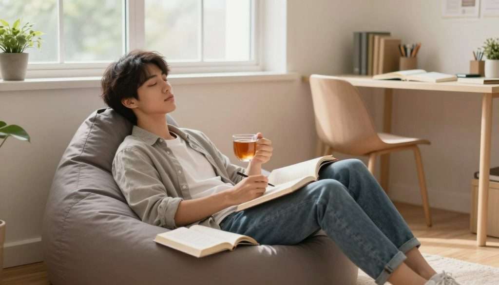 A focused student, dressed in modest casual clothing, sits relaxed on a plush bean bag in a cozy study nook, taking a screen-free break between intense study sessions. They have a warm cup of tea beside them and a few open books scattered around. The foreground features the student leaning back, eyes closed, appreciating the tranquil moment. In the middle, soft, natural light pours through a nearby window, highlighting the inviting textures of the room with pastel-colored walls and minimal decor. In the background, a neatly organized desk holds school supplies and a potted plant, reinforcing the feeling of a conducive study environment. The atmosphere is serene and calm, promoting a sense of mindfulness and balance in study habits.