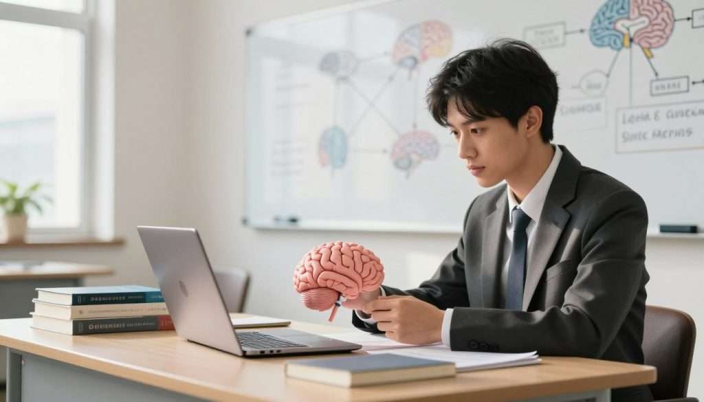 A focused student, dressed in professional business attire, is seated at a modern desk in a brightly lit classroom. In the foreground, the student is intently comparing a 3D model of a human brain and a laptop computer, both displayed prominently. The middle ground features books on neuroscience and computer science scattered around, symbolizing the blend of knowledge. The background shows a large whiteboard filled with diagrams and analogies connecting the two concepts. Soft natural lighting streams in through a window, creating a warm, inviting atmosphere that encourages learning. The angle captures the student's concentration and curiosity, framing the scene in an educational context.