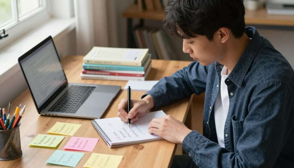 A focused student, dressed in smart casual attire, is seated at a well-organized wooden desk, surrounded by colorful notes on cellular respiration. In the foreground, the student is writing quiz questions on a notepad, a look of concentration on their face. The middle ground features books and a laptop with open study resources, highlighting a productive study session. The background shows a cozy, well-lit study environment with soft lighting filtering through a nearby window, casting gentle shadows across the room. The scene conveys a sense of determination and engagement, with a warm, inviting atmosphere that promotes learning and self-quizzing. The overall composition is aimed at inspiring students to take an active approach to their studies.