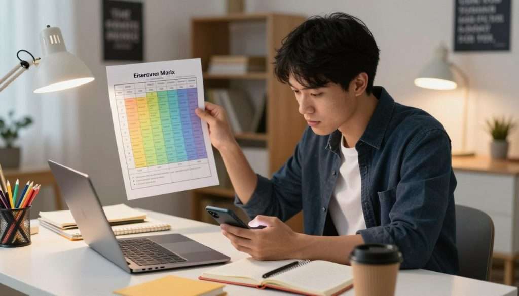 A focused student, dressed in smart casual attire, sits at a modern desk cluttered with notebooks and a laptop, intensely reviewing a smartphone notification. The foreground features vibrant stationery and a coffee cup to convey a studious atmosphere. In the middle ground, the student, a young Asian male, appears thoughtful as he aligns the notification with a large paper version of the Eisenhower Matrix, showcasing tasks divided by urgency and importance. The background reveals a cozy study space with soft lighting, a bookshelf, and motivational posters on the walls. The warm glow from a desk lamp creates a calm yet intellectually charged mood, emphasizing the importance of prioritization. Capture the scene from a slightly elevated angle, focusing on the student’s concentration and the actionable task matrix layout. A focused student, dressed in smart casual attire, sits at a modern desk cluttered with notebooks and a laptop, intensely reviewing a smartphone notification. The foreground features vibrant stationery and a coffee cup to convey a studious atmosphere. In the middle ground, the student, a young Asian male, appears thoughtful as he aligns the notification with a large paper version of the Eisenhower Matrix, showcasing tasks divided by urgency and importance. The background reveals a cozy study space with soft lighting, a bookshelf, and motivational posters on the walls. The warm glow from a desk lamp creates a calm yet intellectually charged mood, emphasizing the importance of prioritization. Capture the scene from a slightly elevated angle, focusing on the student’s concentration and the actionable task matrix layout.