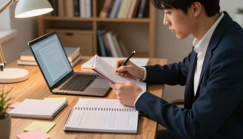 A focused student, dressed in smart casual attire, sits at a wooden desk in a cozy study environment. The foreground features neatly organized notebooks and colorful sticky notes scattered around, hinting at recent lessons. The middle ground includes an open laptop displaying a digital document, while the student, with a concentrated expression, closes their notes with one hand, preparing to recall the lesson before checking answers. In the background, bookshelves filled with various textbooks and a soft, warm light from a desk lamp create an inviting atmosphere. The lens captures the scene from a slightly elevated angle, emphasizing the student’s thoughtful engagement. The mood is calm and focused, reflecting a moment of dedication in the learning process.