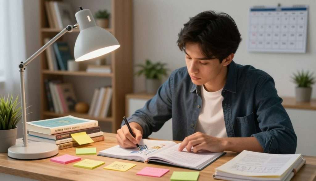 A focused student, dressed in smart casual attire, sitting at a wooden desk cluttered with colorful sticky notes and textbooks, actively engaging with flashcards. The foreground highlights the student's concentrated expression as they review key concepts, a bright lamp illuminating their face. In the middle, an open notebook filled with handwritten notes and diagrams reflects a structured study session. The background features a tidy room with bookshelves filled with educational materials, a calendar on the wall marking important study dates, and a potted plant adding a touch of liveliness. Warm, soft lighting creates an inviting atmosphere, emphasizing productivity and focus in the study space.