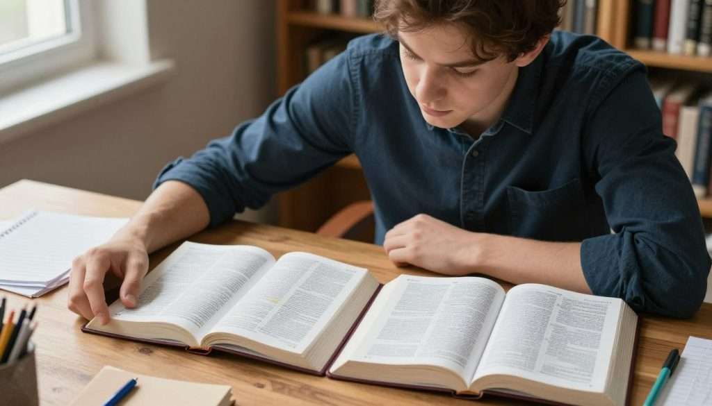 A focused student, dressed in smart casual clothing, sits at a wooden desk with a textbook open to a specific chapter on the left. On the right, an open Bible reveals highlighted passages. The student, a young adult with brown hair, looks contemplatively at the textbook, surrounded by scattered notes and colored pens, indicating an active engagement with the material. Soft, warm lighting filters through a nearby window, creating a serene atmosphere conducive to studying. The background features a cozy library with shelves filled with books, adding depth and context to the scene. Capture this moment from a slightly elevated angle, emphasizing the student's expression and the contrast between the secular textbook and the sacred Bible.