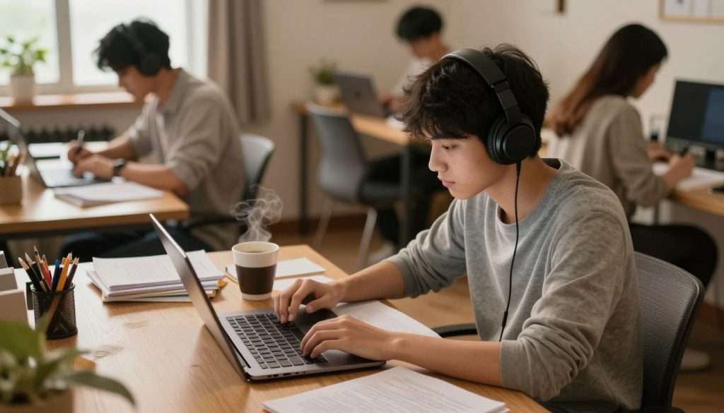 A focused student immersed in deep work, sitting at a shared study desk in a cozy, well-lit room. The student, wearing modest casual clothing, has headphones on, blocking out distractions. The foreground features a laptop open with notes and textbooks scattered around, along with a steaming cup of coffee. In the middle background, there are two other study areas, each occupied by peers quietly working, creating a sense of a collaborative but calm environment. Soft, warm lighting from a nearby window casts gentle shadows, enhancing the serene atmosphere. The angle is slightly tilted from above, capturing the student's concentration and the organized chaos of studying. The mood is one of intense focus and productivity amidst the shared surroundings. A focused student immersed in deep work, sitting at a shared study desk in a cozy, well-lit room. The student, wearing modest casual clothing, has headphones on, blocking out distractions. The foreground features a laptop open with notes and textbooks scattered around, along with a steaming cup of coffee. In the middle background, there are two other study areas, each occupied by peers quietly working, creating a sense of a collaborative but calm environment. Soft, warm lighting from a nearby window casts gentle shadows, enhancing the serene atmosphere. The angle is slightly tilted from above, capturing the student's concentration and the organized chaos of studying. The mood is one of intense focus and productivity amidst the shared surroundings.