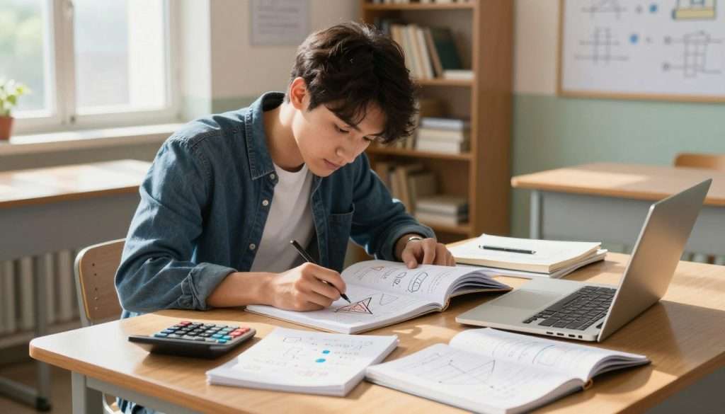 A focused student in a bright, airy classroom is seated at a wooden desk, surrounded by an array of open notebooks filled with intricate math problems and colorful diagrams. The student, a young adult in smart casual attire, is intently analyzing a diagram of geometric shapes while writing notes in a notebook. On the desk, a calculator and a laptop are cluttered among the study materials. Sunlight pours through large windows, casting gentle shadows and creating a warm, productive atmosphere. In the background, shelves are filled with books and educational posters showcasing mathematical concepts, enhancing the learning environment. The scene conveys a sense of determination and a passion for learning, emphasizing the importance of practice in mastering math. A focused student in a bright, airy classroom is seated at a wooden desk, surrounded by an array of open notebooks filled with intricate math problems and colorful diagrams. The student, a young adult in smart casual attire, is intently analyzing a diagram of geometric shapes while writing notes in a notebook. On the desk, a calculator and a laptop are cluttered among the study materials. Sunlight pours through large windows, casting gentle shadows and creating a warm, productive atmosphere. In the background, shelves are filled with books and educational posters showcasing mathematical concepts, enhancing the learning environment. The scene conveys a sense of determination and a passion for learning, emphasizing the importance of practice in mastering math.