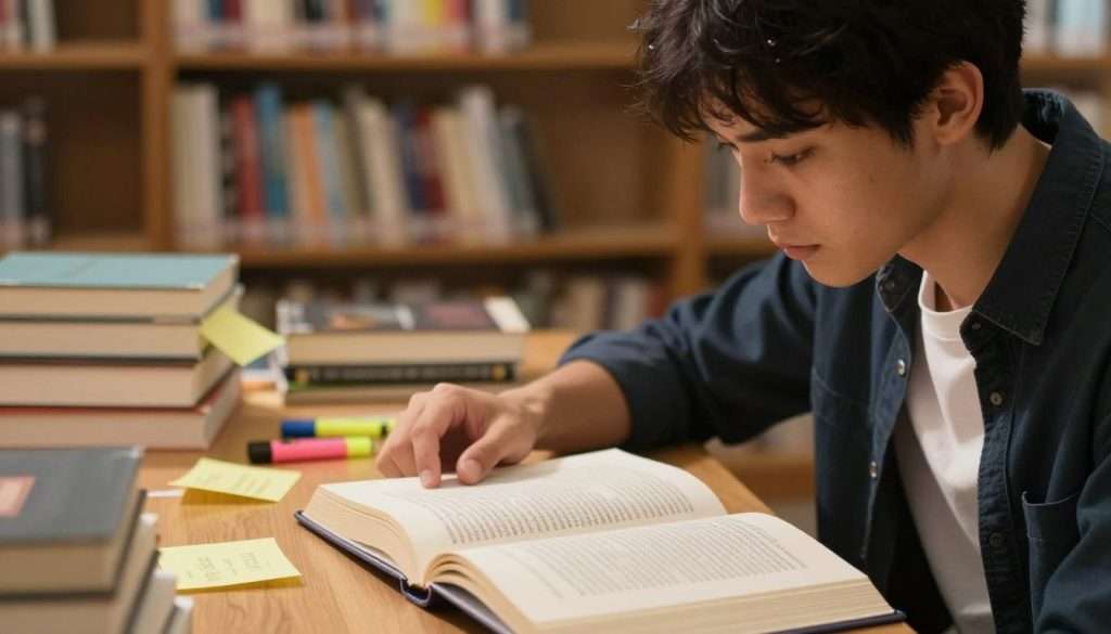 A focused student in a cozy library setting, deeply engaged with a book open in front of them, showcasing various speed reading techniques. In the foreground, a close-up of the student's concentrated face, wearing smart casual clothing. The middle ground features scattered books, sticky notes, and a highlighter, emphasizing the study atmosphere. In the background, shelves filled with books and soft, warm lighting enhance the inviting mood. The lighting should create a gentle glow around the student, capturing a serene yet productive vibe. The angle of the shot is slightly above eye level, giving a dynamic perspective that showcases the depth of the library. The overall atmosphere is one of focus, learning, and determination. A focused student in a cozy library setting, deeply engaged with a book open in front of them, showcasing various speed reading techniques. In the foreground, a close-up of the student's concentrated face, wearing smart casual clothing. The middle ground features scattered books, sticky notes, and a highlighter, emphasizing the study atmosphere. In the background, shelves filled with books and soft, warm lighting enhance the inviting mood. The lighting should create a gentle glow around the student, capturing a serene yet productive vibe. The angle of the shot is slightly above eye level, giving a dynamic perspective that showcases the depth of the library. The overall atmosphere is one of focus, learning, and determination.