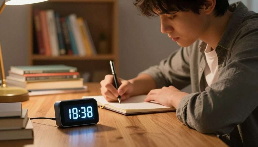 A focused student in a cozy study environment, jotting down notes on a notepad, with a look of concentration on their face. In the foreground, a sleek digital timer displays a countdown, symbolizing the Pomodoro Technique. The student is dressed in modest casual clothing, with warm, ambient lighting that creates a calm atmosphere. Books and study materials are scattered on a wooden desk, while a soft, blurred background shows a bookshelf filled with colorful books, enhancing the scholarly vibe. A soft lens effect adds warmth, and the angle captures both the student's engaged expression and the timer's urging presence, reflecting the balance of study and focus.