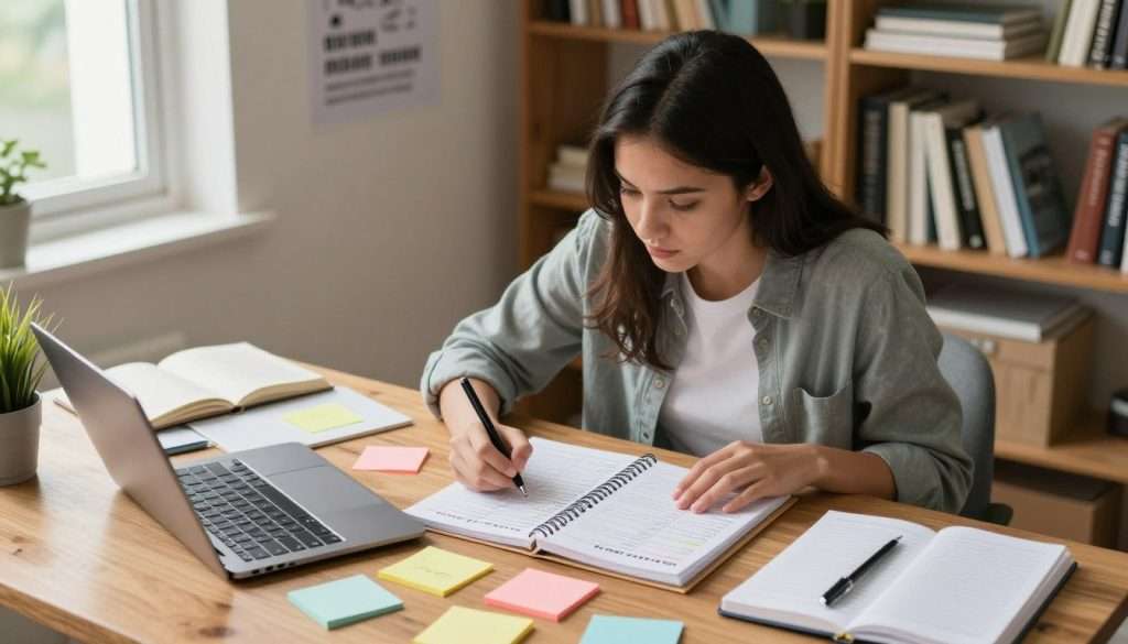 A focused student in a cozy study environment, sitting at a wooden desk cluttered with colorful sticky notes, notebooks, and a laptop, organizing their weekly study plan. The student, a young woman wearing business casual attire, is thoughtfully writing down study steps on a large planner. Natural light pours in through a nearby window, creating a warm and inviting atmosphere. In the background, a wall with motivational posters and bookshelves filled with textbooks adds to the scholarly feel. The camera angle is slightly above eye level, capturing the student’s engaged expression as she plans her academic goals. The overall mood is productive and inspiring, reflecting determination and clarity in academic planning. A focused student in a cozy study environment, sitting at a wooden desk cluttered with colorful sticky notes, notebooks, and a laptop, organizing their weekly study plan. The student, a young woman wearing business casual attire, is thoughtfully writing down study steps on a large planner. Natural light pours in through a nearby window, creating a warm and inviting atmosphere. In the background, a wall with motivational posters and bookshelves filled with textbooks adds to the scholarly feel. The camera angle is slightly above eye level, capturing the student’s engaged expression as she plans her academic goals. The overall mood is productive and inspiring, reflecting determination and clarity in academic planning.