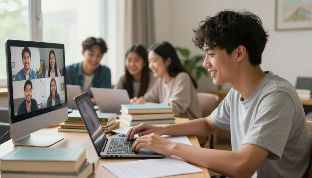 A focused student in a cozy study room sitting at a well-organized desk, surrounded by textbooks and a laptop, balancing their school work while smiling as they chat with friends via a video call on their laptop. In the background, a small group of friends can be seen on the screen, engaged and laughing, creating a warm and inviting atmosphere. Soft, natural light filters through a window, illuminating the room and highlighting the student's determined expression. The mood is upbeat and relaxed, showcasing a sense of camaraderie and joy amid busy study sessions. The scene captures the essence of balance between academic commitments and maintaining friendships, portrayed in a professional yet casual setting. A focused student in a cozy study room sitting at a well-organized desk, surrounded by textbooks and a laptop, balancing their school work while smiling as they chat with friends via a video call on their laptop. In the background, a small group of friends can be seen on the screen, engaged and laughing, creating a warm and inviting atmosphere. Soft, natural light filters through a window, illuminating the room and highlighting the student's determined expression. The mood is upbeat and relaxed, showcasing a sense of camaraderie and joy amid busy study sessions. The scene captures the essence of balance between academic commitments and maintaining friendships, portrayed in a professional yet casual setting.