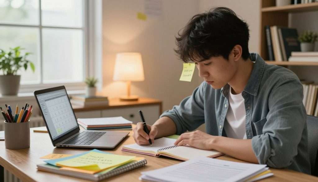 A focused student in a cozy study space adjusts their study plan to manage stress. The foreground features a desk cluttered with colorful study materials, a laptop open to a digital calendar, and a notepad with neatly organized notes. The student, dressed in casual but neat attire, has a look of determination as they write down their study schedule, surrounded by motivational quotes on sticky notes. In the middle ground, a warm lamp casts soft, inviting light, illuminating the scene, while a bookshelf filled with textbooks and a potted plant adds life to the space. The background shows a large window letting in soft, natural light, creating an atmosphere of calm and focus, ideal for productivity and stress relief. The overall mood is hopeful and empowering.