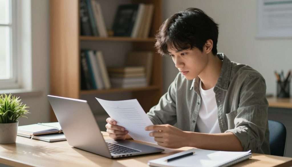 A focused student in a modest casual outfit sitting at a desk, thoughtfully opening assignment instructions on a laptop, light streaming in from a nearby window illuminating their face. The foreground features a cluttered desk with notebooks, a pencil, and a small plant for a touch of greenery. In the middle background, shelves filled with books and study materials give a sense of depth and an academic setting. The overall atmosphere is calm and introspective, reflecting the moment of clarity after sorting through worries. Natural lighting creates soft shadows, enhancing the mood of productivity and focus, captured from a slight angle to emphasize the student’s concentration and engagement with the task. A focused student in a modest casual outfit sitting at a desk, thoughtfully opening assignment instructions on a laptop, light streaming in from a nearby window illuminating their face. The foreground features a cluttered desk with notebooks, a pencil, and a small plant for a touch of greenery. In the middle background, shelves filled with books and study materials give a sense of depth and an academic setting. The overall atmosphere is calm and introspective, reflecting the moment of clarity after sorting through worries. Natural lighting creates soft shadows, enhancing the mood of productivity and focus, captured from a slight angle to emphasize the student’s concentration and engagement with the task.