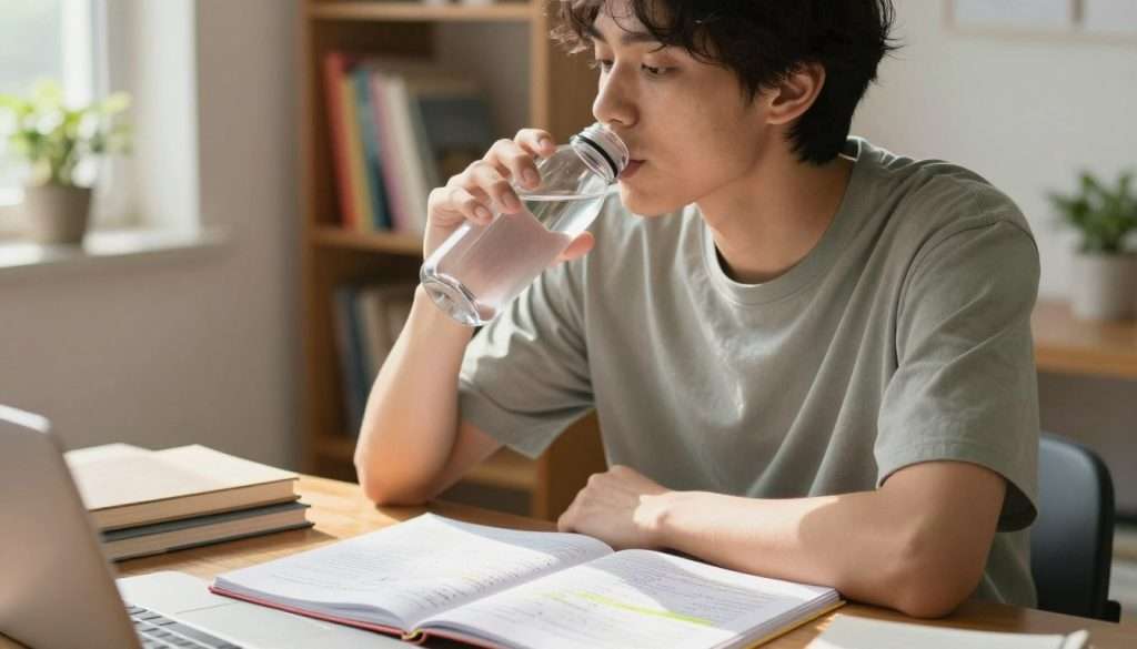 A focused student in comfortable, casual attire sits at a wooden desk, sipping water from a reusable bottle. Their study notes, filled with neatly written formulas and highlighted text, are spread out in front of them, reflecting diligent preparation. The setting is a softly lit, cozy study room, with warm, natural lighting streaming in from a window, casting gentle shadows. In the background, a bookshelf filled with colorful textbooks and plants adds a touch of life to the scene. The camera angle captures a close-up view of the student, emphasizing their deep concentration, while the warm ambiance creates an inviting atmosphere, perfect for studying.