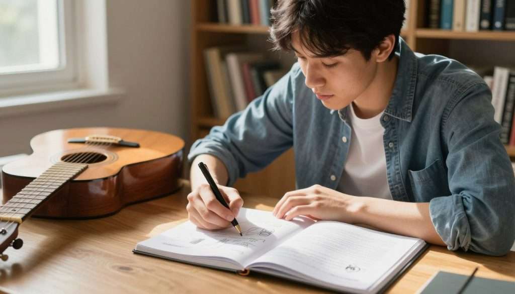 A focused student in comfortable yet professional casual clothing sits at a wooden desk, intently linking concepts from a course idea to a familiar guitar lesson. In the foreground, a neatly open notebook filled with sketches and notes lies beside a well-worn acoustic guitar. In the middle, soft sunlight streams through a nearby window, casting warm rays that illuminate the student's thoughtful expression. The background features a bookshelf filled with books on music theory and education, creating an atmosphere of study and creativity. The overall mood is one of inspiration and determination, captured with a slightly shallow depth of field to emphasize the student and their learning materials. Soft, ambient lighting enhances the inviting atmosphere of this dedicated study space. A focused student in comfortable yet professional casual clothing sits at a wooden desk, intently linking concepts from a course idea to a familiar guitar lesson. In the foreground, a neatly open notebook filled with sketches and notes lies beside a well-worn acoustic guitar. In the middle, soft sunlight streams through a nearby window, casting warm rays that illuminate the student's thoughtful expression. The background features a bookshelf filled with books on music theory and education, creating an atmosphere of study and creativity. The overall mood is one of inspiration and determination, captured with a slightly shallow depth of field to emphasize the student and their learning materials. Soft, ambient lighting enhances the inviting atmosphere of this dedicated study space.