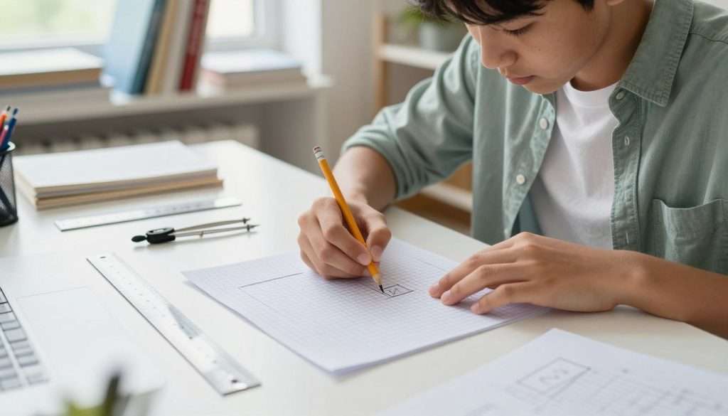 A focused student in modest casual clothing, sitting at a neatly organized study desk, is intently labeling a rectangle on a sheet of graph paper while setting up a geometry problem. The foreground features close-up details of the student's hands holding a pencil, with precise marks being made on the paper. In the middle, other geometry tools such as a ruler and compass can be seen, emphasizing the mathematical theme. The background showcases a well-lit room, with bookshelves filled with textbooks and a window letting in soft natural light, creating a calm and studious atmosphere. The scene is captured from a slightly elevated angle, conveying a sense of concentration and diligence essential for studying math concepts effectively. A focused student in modest casual clothing, sitting at a neatly organized study desk, is intently labeling a rectangle on a sheet of graph paper while setting up a geometry problem. The foreground features close-up details of the student's hands holding a pencil, with precise marks being made on the paper. In the middle, other geometry tools such as a ruler and compass can be seen, emphasizing the mathematical theme. The background showcases a well-lit room, with bookshelves filled with textbooks and a window letting in soft natural light, creating a calm and studious atmosphere. The scene is captured from a slightly elevated angle, conveying a sense of concentration and diligence essential for studying math concepts effectively.