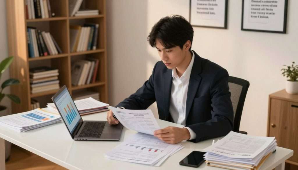 A focused student in professional attire, seated at a sleek, modern desk cluttered with academic papers, a laptop displaying a GPA chart, and career exploration resources like brochures and guides. The student is thoughtfully comparing a GPA graph on one side and a list of potential career goals on the other, with a determined expression. The background features a well-organized bookshelf filled with educational materials and inspirational quotes framed on the wall. Warm, soft lighting creates a cozy atmosphere, reflecting an engaging study environment. The angle is a slightly elevated perspective, capturing the workspace's depth while emphasizing the student's concentration on balancing academic success and career aspirations. A focused student in professional attire, seated at a sleek, modern desk cluttered with academic papers, a laptop displaying a GPA chart, and career exploration resources like brochures and guides. The student is thoughtfully comparing a GPA graph on one side and a list of potential career goals on the other, with a determined expression. The background features a well-organized bookshelf filled with educational materials and inspirational quotes framed on the wall. Warm, soft lighting creates a cozy atmosphere, reflecting an engaging study environment. The angle is a slightly elevated perspective, capturing the workspace's depth while emphasizing the student's concentration on balancing academic success and career aspirations.