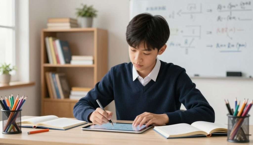 A focused student in professional attire sits at a well-organized desk, surrounded by open notebooks and colorful stationery. They are engaged in a thoughtful expression as they apply a familiar math rule to a new type of problem on a digital tablet. The background features a softly lit study room with warm light filtering through a window, highlighting a bookshelf filled with educational materials. On a nearby wall, a whiteboard displays formulas and diagrams, enhancing the learning atmosphere. The scene conveys a sense of concentration and determination, emphasizing the joy of discovery and problem-solving. Use a depth of field effect to draw focus on the student’s face and hands, capturing their engagement with the task at hand. A focused student in professional attire sits at a well-organized desk, surrounded by open notebooks and colorful stationery. They are engaged in a thoughtful expression as they apply a familiar math rule to a new type of problem on a digital tablet. The background features a softly lit study room with warm light filtering through a window, highlighting a bookshelf filled with educational materials. On a nearby wall, a whiteboard displays formulas and diagrams, enhancing the learning atmosphere. The scene conveys a sense of concentration and determination, emphasizing the joy of discovery and problem-solving. Use a depth of field effect to draw focus on the student’s face and hands, capturing their engagement with the task at hand.