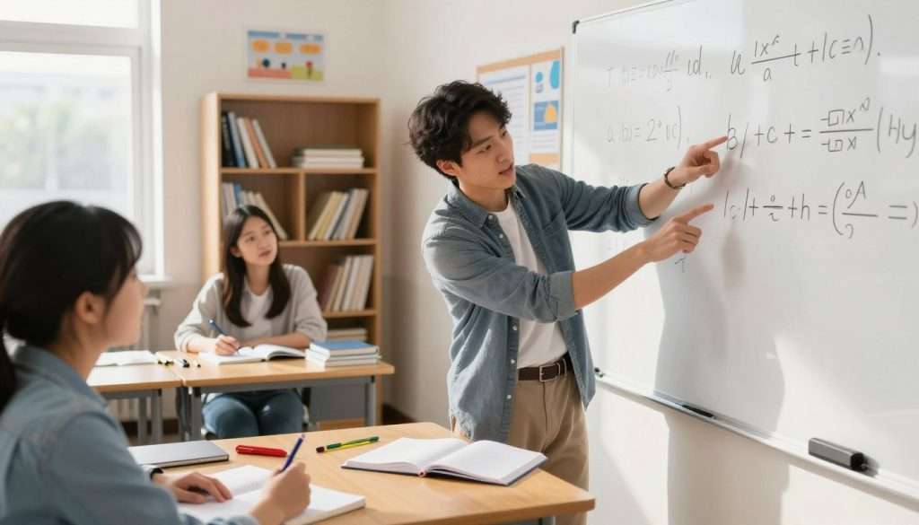 A focused student in professional casual attire explains a math solution to a classmate in a well-lit classroom. In the foreground, the two students engage in a lively discussion, with one pointing to a math problem on a whiteboard, while the other takes notes, both displaying interest and concentration. The middle ground features desks filled with notebooks and math tools, emphasizing a productive learning environment. The background shows shelves with books and educational posters, enhancing the academic atmosphere. Soft, natural light streams in through windows, casting gentle shadows, contributing to an optimistic and collaborative mood. The scene captures the essence of teamwork in learning, perfect for illustrating effective math study techniques. A focused student in professional casual attire explains a math solution to a classmate in a well-lit classroom. In the foreground, the two students engage in a lively discussion, with one pointing to a math problem on a whiteboard, while the other takes notes, both displaying interest and concentration. The middle ground features desks filled with notebooks and math tools, emphasizing a productive learning environment. The background shows shelves with books and educational posters, enhancing the academic atmosphere. Soft, natural light streams in through windows, casting gentle shadows, contributing to an optimistic and collaborative mood. The scene captures the essence of teamwork in learning, perfect for illustrating effective math study techniques.