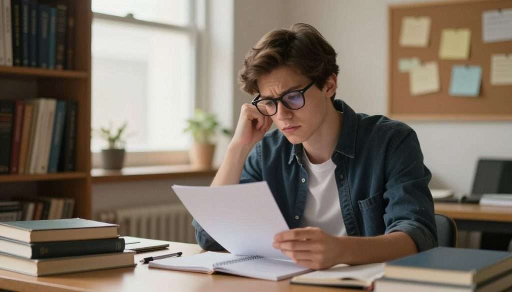 A focused student in professional casual attire sits at a cluttered desk laden with books, notebooks, and pens, looking contemplative and slightly overwhelmed. The student, a young adult with short brown hair and glasses, has a slightly furrowed brow, staring at a blank sheet of paper in front of them, symbolizing the challenge of starting a project. In the background, a soft light from a nearby window bathes the room in a warm glow, enhancing a tranquil yet thoughtful atmosphere. Bookshelves filled with academic texts line the walls, and a corkboard filled with notes and reminders is visible. The angle captures the desk and student in a medium shot, emphasizing their questioning expression while creating an intimate study environment that evokes contemplation and focus.