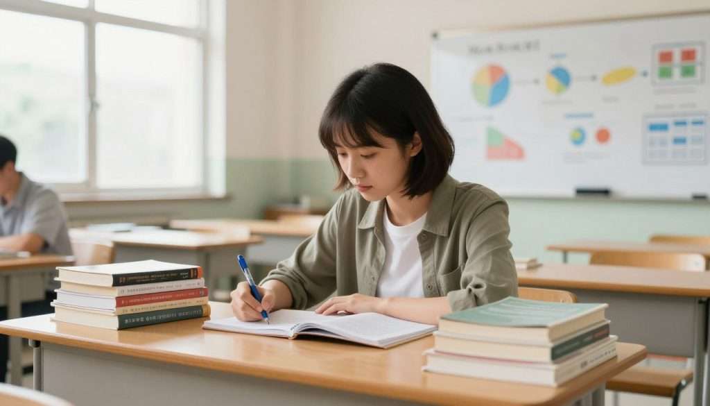 A focused student is seated at a wooden desk in a bright, spacious classroom during a history lecture. The student, a young woman with short dark hair, wears a smart casual outfit, diligently jotting down notes in a notebook using a blue pen. Surrounding her are neatly arranged stacks of textbooks about historical events. In the background, a whiteboard displays colorful diagrams and timelines related to the lecture topic. The classroom is filled with natural light streaming through large windows, creating an inviting atmosphere. The angle captures the student from a slight side view, emphasizing her concentration and the pen in motion. The mood is studious and engaged, reflecting the importance of effective note-taking methods like the Cornell system.