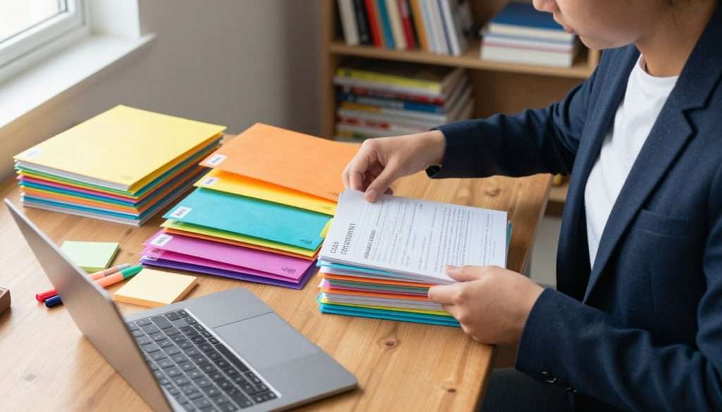 A focused student meticulously sorting a stack of colorful class notes into labeled folders by course, displaying various subjects such as science, literature, and mathematics. In the foreground, the student, dressed in smart casual attire, is using a large, wooden desk cluttered with highlighters, sticky notes, and an open laptop. The middle ground features neatly organized folders in bright colors, creating a vibrant contrast against the more muted tones of the room. In the background, shelves filled with textbooks and study materials give a sense of academic dedication. Soft, natural light streams in through a window, creating a warm and inviting atmosphere. Captured from a slightly elevated angle to emphasize the organization process. The image conveys a sense of focus, productivity, and academic commitment. A focused student meticulously sorting a stack of colorful class notes into labeled folders by course, displaying various subjects such as science, literature, and mathematics. In the foreground, the student, dressed in smart casual attire, is using a large, wooden desk cluttered with highlighters, sticky notes, and an open laptop. The middle ground features neatly organized folders in bright colors, creating a vibrant contrast against the more muted tones of the room. In the background, shelves filled with textbooks and study materials give a sense of academic dedication. Soft, natural light streams in through a window, creating a warm and inviting atmosphere. Captured from a slightly elevated angle to emphasize the organization process. The image conveys a sense of focus, productivity, and academic commitment.