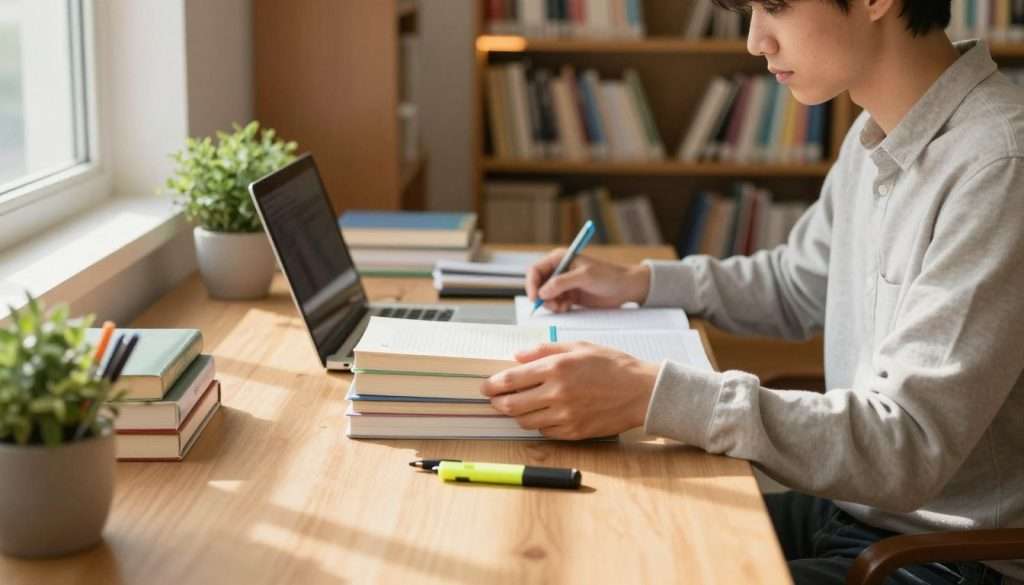 A focused student prepares a quiet library desk for exam study sessions. In the foreground, the student, dressed in modest casual clothing, is arranging neatly stacked books, a laptop, and stationery items such as pens and highlighters. In the middle, the desk is surrounded by shelves filled with books and a small potted plant, creating an inviting study space. In the background, softly lit bookshelves recede into the distance, while warm, natural light streams through a nearby window, casting gentle shadows on the wooden table. The atmosphere is calm and focused, perfect for concentrating on study materials, with a sense of productivity in the air. The image captures a serene and inspiring study environment. A focused student prepares a quiet library desk for exam study sessions. In the foreground, the student, dressed in modest casual clothing, is arranging neatly stacked books, a laptop, and stationery items such as pens and highlighters. In the middle, the desk is surrounded by shelves filled with books and a small potted plant, creating an inviting study space. In the background, softly lit bookshelves recede into the distance, while warm, natural light streams through a nearby window, casting gentle shadows on the wooden table. The atmosphere is calm and focused, perfect for concentrating on study materials, with a sense of productivity in the air. The image captures a serene and inspiring study environment.
