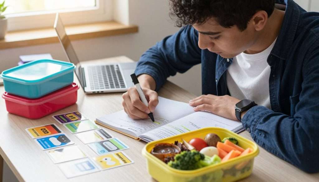 A focused student reviewing notes at a tidy study table, surrounded by colorful lunch boxes and appealing buffer blocks in a well-lit room. The student, dressed in smart casual attire, is leaning over a notebook filled with organized notes, highlighting important information with a marker. The foreground features a close-up of the notebook and lunch, reflecting a blend of academic diligence and nourishment. In the middle, scattered study aids like flashcards and a laptop; while in the background, a window casts warm natural light, enhancing the atmosphere of concentration and productivity. The overall mood is motivational, showcasing the balance between study and self-care, perfect for students aiming to maximize their time.