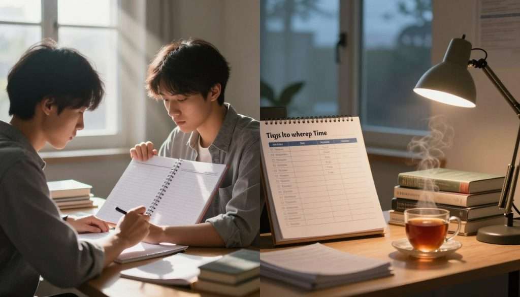 A focused student seated at a desk, comparing two study schedules displayed side by side. The left side of the image shows a bright, sunlit morning study setting with rays of sunlight streaming through a window, illuminating books and notes scattered on the desk. The student, wearing professional casual clothing, is intently examining a planner. On the right, an evening setting is depicted with soft, warm light from a desk lamp creating a cozy atmosphere. Books are stacked neatly, and a cup of tea steams gently. The background features a serene view, transitioning from day to night outside the window. The overall mood is one of contemplation and productivity, capturing the essence of evaluating optimal study times.
