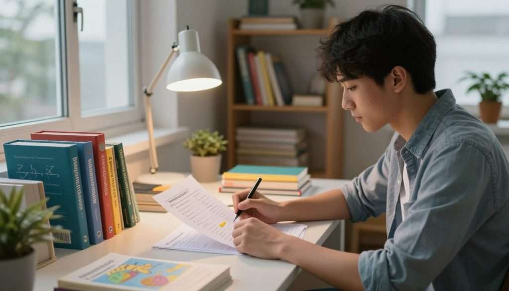 A focused student seated at a modern desk, surrounded by colorful books and notes representing six different subjects: math, science, literature, history, art, and geography. In the foreground, the student, dressed in casual yet professional attire, thoughtfully examines a checklist with a pen, highlighting one priority subject for the upcoming week. The middle ground features a softly lit lamp casting a warm glow over the workspace, creating an inviting atmosphere. In the background, a cozy study space with shelves filled with more educational materials and a window showing a serene, overcast sky, promoting a sense of introspection and productivity. The overall mood is calm and organized, emphasizing a commitment to academic growth and decision-making. A focused student seated at a modern desk, surrounded by colorful books and notes representing six different subjects: math, science, literature, history, art, and geography. In the foreground, the student, dressed in casual yet professional attire, thoughtfully examines a checklist with a pen, highlighting one priority subject for the upcoming week. The middle ground features a softly lit lamp casting a warm glow over the workspace, creating an inviting atmosphere. In the background, a cozy study space with shelves filled with more educational materials and a window showing a serene, overcast sky, promoting a sense of introspection and productivity. The overall mood is calm and organized, emphasizing a commitment to academic growth and decision-making.