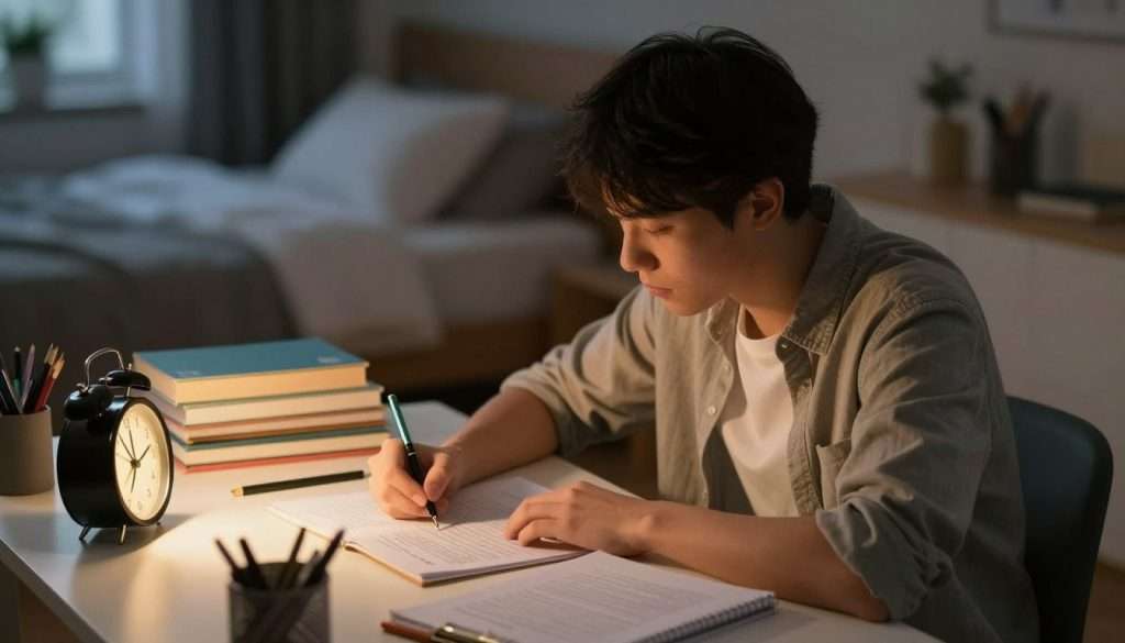 A focused student seated at a tidy desk, reviewing schoolwork late at night. The student, a young adult wearing comfortable, modest casual clothing, is surrounded by textbooks, notebooks, and stationery. Beside them on the desk, a bedside clock softly illuminates the scene, showcasing the late hour. Warm, cozy lighting creates an intimate atmosphere, with a gentle glow highlighting the student's concentrated expression. In the background, a softly blurred bedroom setting with a neatly made bed and personal items adds depth to the composition. The angle is slightly above, capturing both the student and the bedside clock, emphasizing the study session’s urgency and seriousness while maintaining an encouraging and productive mood.