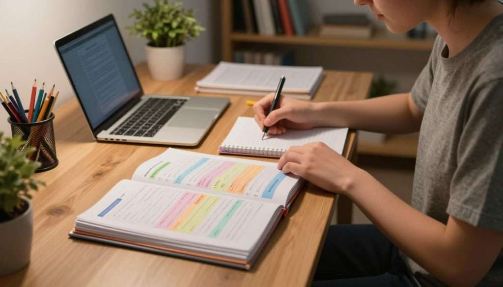 A focused student, seated at a tidy wooden desk, organizes a tidy folder brimming with colorful course notes and deadlines. The student is wearing modest casual clothing, diligently writing notes on a notepad, which reflects a sense of purpose. In the foreground, the open folder reveals neatly arranged papers labeled with different subjects, facilitating efficient study. The middle ground showcases an organized workspace with a laptop, stationery items, and a well-utilized planner. The background includes a softly lit study room with shelves filled with books and plants, creating an inviting atmosphere. The warm, dim lighting encourages concentration, while a slight blur in the background adds depth, emphasizing the student's commitment to avoiding information overload and staying organized.