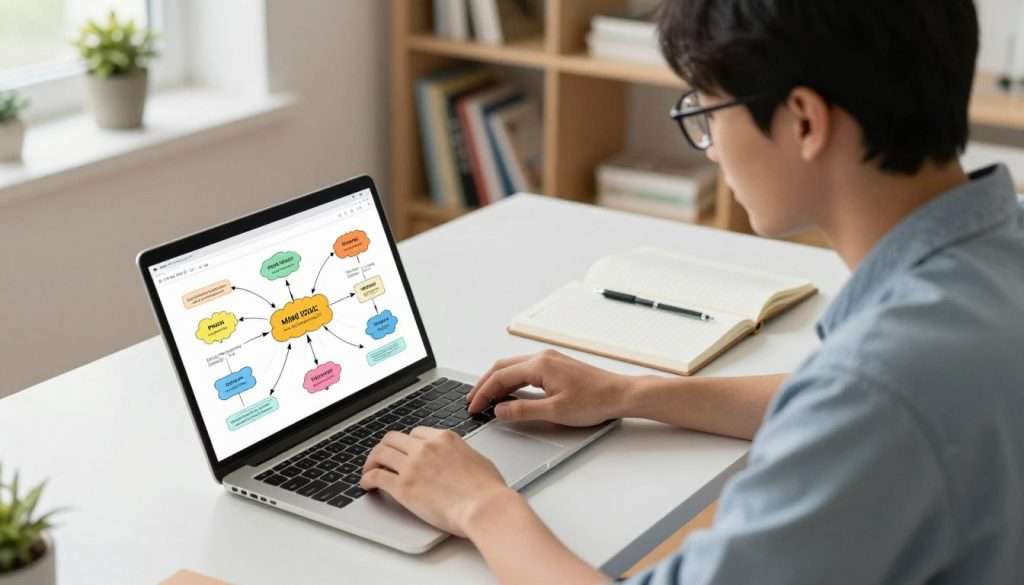 A focused student sits at a modern desk, intently comparing mind mapping tools displayed on a sleek laptop screen. In the foreground, the laptop shows vibrant and colorful mind maps, illustrating various ideas and connections. The student is dressed in smart casual attire, with short hair and glasses, demonstrating concentration and curiosity. In the middle ground, a few open notebooks and pens are scattered around, indicating an organized study environment. The background features a well-lit, tidy room with bookshelves filled with educational materials and plants, enhancing the atmosphere of learning. Soft, natural lighting streams through a window, creating a bright, engaging mood that inspires creativity and focus. The camera angle captures the scene from a slight overhead perspective, emphasizing the student's engagement with the mind mapping tools.