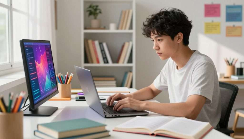 A focused student sits at a modern desk, surrounded by books and notes, diligently typing on a laptop. The workspace is bright and organized, featuring colorful stationery and motivational posters on the walls. In the foreground, a vibrant, polished dashboard is partially visible, reflecting an array of colors and data, indicating a neglected yet appealing task. The middle ground showcases the student’s intense expression, showcasing concentration and determination. In the background, a well-lit bookshelf filled with textbooks and inspiring literature creates a scholarly atmosphere. Soft, natural light streams in from a nearby window, casting gentle shadows across the scene, evoking a sense of calm and productivity. Capture this moment from a slight angle to emphasize the desk's details and the vibrant dashboard. A focused student sits at a modern desk, surrounded by books and notes, diligently typing on a laptop. The workspace is bright and organized, featuring colorful stationery and motivational posters on the walls. In the foreground, a vibrant, polished dashboard is partially visible, reflecting an array of colors and data, indicating a neglected yet appealing task. The middle ground showcases the student’s intense expression, showcasing concentration and determination. In the background, a well-lit bookshelf filled with textbooks and inspiring literature creates a scholarly atmosphere. Soft, natural light streams in from a nearby window, casting gentle shadows across the scene, evoking a sense of calm and productivity. Capture this moment from a slight angle to emphasize the desk's details and the vibrant dashboard.