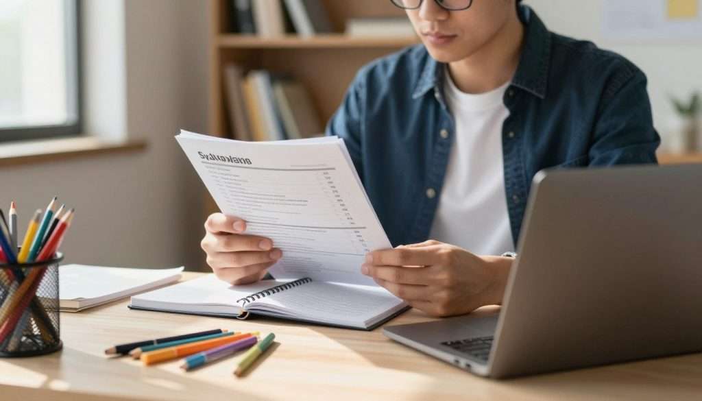A focused student sits at a tidy desk, absorbed in reviewing a syllabus and grade weights. The student is dressed in smart casual clothing, creating a sense of professionalism. The foreground features the desk cluttered with colorful stationery and an open laptop, casting soft shadows on a well-lit surface. In the middle ground, the student holds a printed syllabus with distinct sections highlighting exam weight percentages, while taking notes in a notebook. The background reveals a cozy study environment with bookshelves filled with textbooks and a window allowing warm, natural light to flood in, enhancing the atmosphere of determination and concentration. The overall mood conveys a sense of purpose and resilience, inspiring a visual narrative of bouncing back from academic challenges.