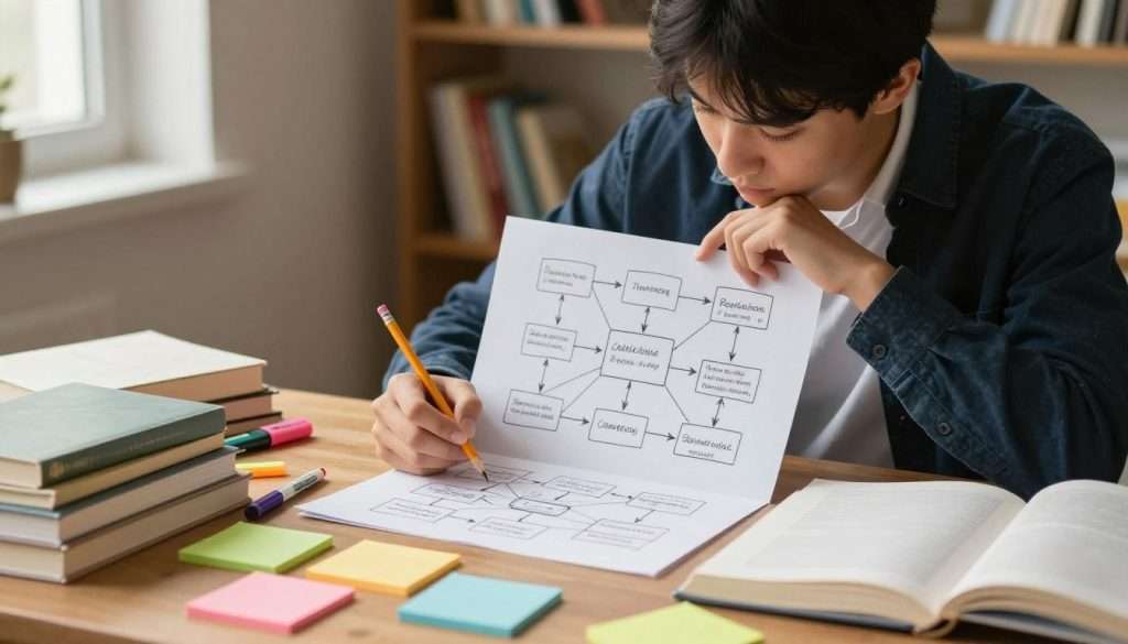 A focused student sits at a well-organized desk, surrounded by study materials, as they thoughtfully redraw a study flowchart from memory. The student, dressed in smart casual attire, is holding a pencil and eager to recreate the intricate connections of the flowchart on a clean sheet of paper. In the foreground, the desk is cluttered with colorful sticky notes, textbooks, and highlighters. The middle ground features the partially completed flowchart, filled with arrows and diagrams that illustrate their thought process. The background reveals a warm-lit room with shelves of books, creating an inspiring study atmosphere. Soft natural lighting filters through a nearby window, casting gentle shadows, and evoking a sense of dedication and learning. The mood is one of concentration and creativity, emphasizing the process of visual learning.