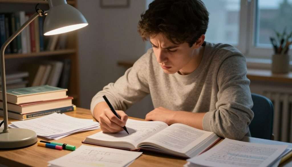 A focused student sits at a wooden desk cluttered with books and notes, diligently marking a complex equation in a textbook. They are wearing modest casual clothing, like a simple sweater and jeans. The foreground features highlighters and scribbled notes alongside the textbook, emphasizing their study materials. In the middle, the student appears puzzled, brows furrowed, as they focus intently on the page, illuminated by a warm desk lamp that casts a soft glow on their face. The background hints at a cozy study room with shelves filled with scientific books and a window showing dusk outside, creating a serene yet intense atmosphere conducive to learning from great thinkers. The overall mood conveys determination and engagement in education. A focused student sits at a wooden desk cluttered with books and notes, diligently marking a complex equation in a textbook. They are wearing modest casual clothing, like a simple sweater and jeans. The foreground features highlighters and scribbled notes alongside the textbook, emphasizing their study materials. In the middle, the student appears puzzled, brows furrowed, as they focus intently on the page, illuminated by a warm desk lamp that casts a soft glow on their face. The background hints at a cozy study room with shelves filled with scientific books and a window showing dusk outside, creating a serene yet intense atmosphere conducive to learning from great thinkers. The overall mood conveys determination and engagement in education.