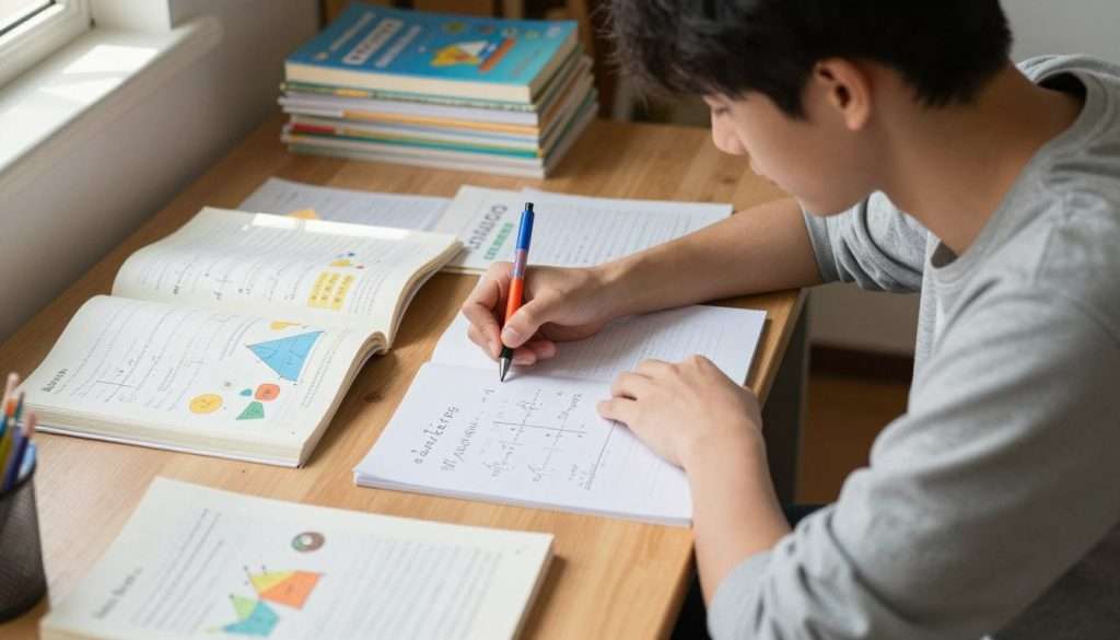 A focused student sits at a wooden desk, deeply engaged in study, surrounded by scattered algebra and geometry textbooks filled with colorful illustrations and examples. In the foreground, the student, a young adult wearing comfortable casual clothing, diligently writes formula meanings beside diagrams and equations with a vibrant multi-color pen. The middle ground features a cluttered desk with an open notebook showing neatly written notes and mathematical formulas. In the background, a softly lit room with shelves stacked with educational materials creates a cozy and studious atmosphere. Natural light streams through a nearby window, casting gentle shadows, emphasizing concentration and a serene mood, ideal for studying math concepts. A focused student sits at a wooden desk, deeply engaged in study, surrounded by scattered algebra and geometry textbooks filled with colorful illustrations and examples. In the foreground, the student, a young adult wearing comfortable casual clothing, diligently writes formula meanings beside diagrams and equations with a vibrant multi-color pen. The middle ground features a cluttered desk with an open notebook showing neatly written notes and mathematical formulas. In the background, a softly lit room with shelves stacked with educational materials creates a cozy and studious atmosphere. Natural light streams through a nearby window, casting gentle shadows, emphasizing concentration and a serene mood, ideal for studying math concepts.