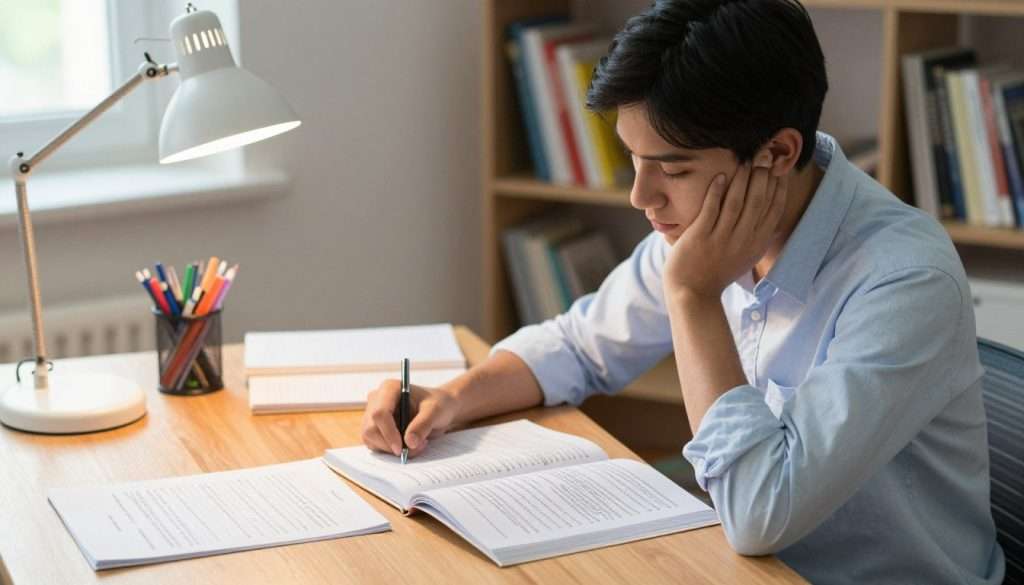 A focused student sits at a wooden desk, deeply engaged in studying a single chapter while surrounded by organized study materials. The desk features a closed notebook and an open quiz sheet, hinting at self-quizzing. In the foreground, the student's thoughtful expression reveals determination, wearing professional casual attire, like a crisp shirt and comfortable jeans. The middle ground showcases colorful school supplies such as pens and a study lamp that casts a warm, inviting light, enhancing the atmosphere of concentration. In the background, a bookshelf brimming with textbooks and a window filtering soft daylight adds depth and a sense of calm to the scene. The image conveys an atmosphere of productivity and intellectual curiosity, perfectly aligned with the theme of effective study methods.