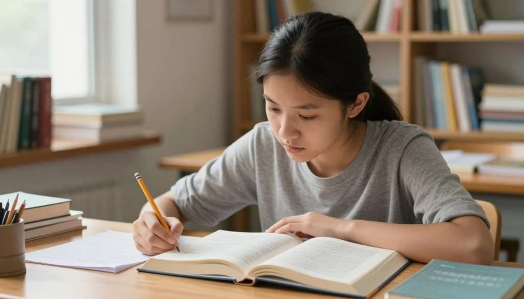 A focused student sits at a wooden desk, engross in a thick textbook opened in front of them. They are intently following a worked example, with a pencil in hand, ready to take notes on a piece of loose-leaf paper. The student, a young woman in modest casual clothing, has a determined expression, highlighting the concentration on her face. The background features a well-lit study room with shelves lined with more textbooks and educational materials. A warm, natural light filters through a window, creating a soft glow in the room, enhancing a sense of productivity and focus. The atmosphere is quiet and studious, evoking a feeling of serious academic engagement, as if this moment is crucial for mastering her studies.