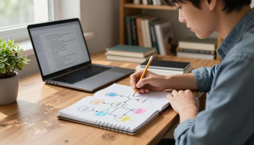 A focused student sits at a wooden desk in a cozy, well-lit study room, sketching a simple systems map on a notepad. The foreground features an open notebook with colorful mind maps and arrows, while the student, dressed in casual yet professional attire, is using a pencil and eraser. In the middle ground, a laptop displays digital notes, and a nearby plant adds a touch of green. The background reveals a shelf filled with textbooks, creating an academic atmosphere. Natural light streams in through a window, casting gentle shadows that enhance the peaceful mood. The angle of the image captures the student's concentration and the intricate details of the systems map, illustrating the process of organizing study habits.