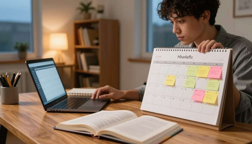 A focused student sits at a wooden desk, surrounded by a well-organized calendar filled with colorful sticky notes marking after-school study slots. The foreground features an open textbook and a laptop displaying a digital calendar interface. In the middle background, a cozy room is softly illuminated by warm, ambient lighting, with bookshelves and a window showing a serene evening sky. The student is wearing a smart-casual outfit, with a determined expression as they highlight study slots on the calendar. The atmosphere is calm yet motivational, emphasizing the importance of effective time management. Capture the scene from a slightly elevated angle to showcase both the student and the organized study space cohesively, creating an inspiring environment for productive study habits.