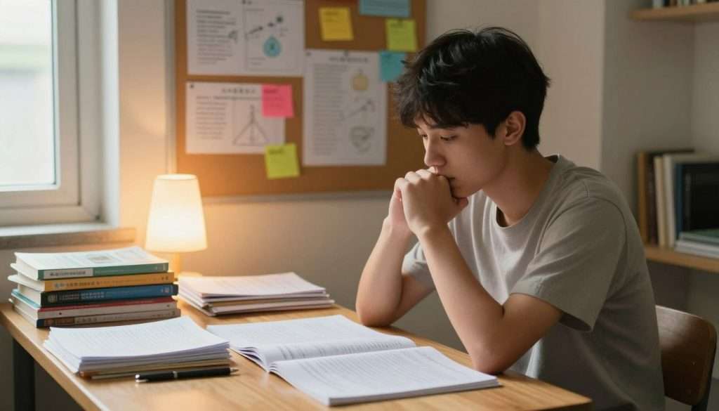 A focused student sits at a wooden desk, surrounded by an organized array of study notes and textbooks. In the foreground, the student's thoughtful expression shows them deep in concentration, lightly biting their lip as they recall critical ideas. The setting is a cozy study room with warm, natural lighting filtering through a window, casting gentle shadows that create a calm atmosphere. In the middle background, colorful sticky notes and diagrams are pinned up on a bulletin board, serving as visual reminders of key concepts. A soft glow from a bedside lamp accentuates the student's determination. The overall mood is one of introspection and motivation, encapsulating the essence of perseverance in learning, with the student dressed in modest, casual attire.