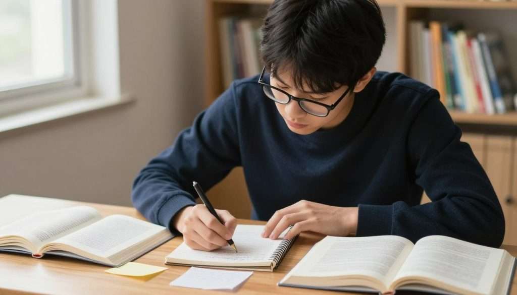A focused student sits at a wooden desk, surrounded by open textbooks and scattered notes, intently jotting down brief notes in a neatly organized notebook. The student, dressed in a smart casual outfit, is a young adult with short black hair, wearing glasses that catch the warm light spilling in from a nearby window. In the background, a bookshelf filled with colorful books adds warmth to the scene. The lighting is soft and natural, enhancing the studious atmosphere, while a slight depth of field blurs the background slightly, drawing attention to the student’s concentration and the act of writing. The mood is reflective and diligent, perfectly capturing the essence of effective studying and note-taking.