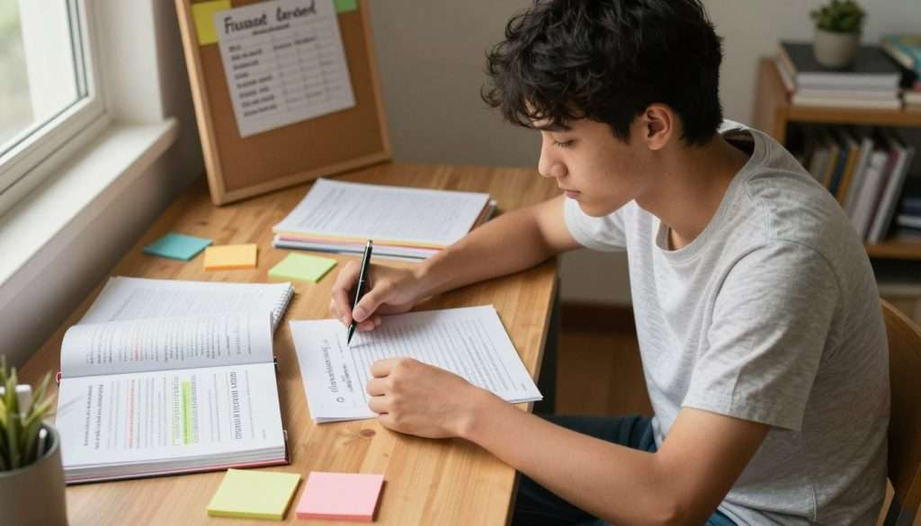 A focused student sits at a wooden study desk, reviewing a missed test question. They have a thoughtful expression, surrounded by notebooks and textbooks, with colorful sticky notes scattered around for emphasis. The desk is well-organized, illuminated by warm, natural light streaming in from a nearby window, creating a cozy atmosphere. In the background, a corkboard displays motivational quotes and study schedules. The student is dressed in modest casual clothing, such as a simple shirt and jeans. The composition captures a slight overhead angle, showcasing the student's concentrated posture and the study materials around them, evoking a mood of determination and reflection as they contemplate their next steps in the learning process. A focused student sits at a wooden study desk, reviewing a missed test question. They have a thoughtful expression, surrounded by notebooks and textbooks, with colorful sticky notes scattered around for emphasis. The desk is well-organized, illuminated by warm, natural light streaming in from a nearby window, creating a cozy atmosphere. In the background, a corkboard displays motivational quotes and study schedules. The student is dressed in modest casual clothing, such as a simple shirt and jeans. The composition captures a slight overhead angle, showcasing the student's concentrated posture and the study materials around them, evoking a mood of determination and reflection as they contemplate their next steps in the learning process.