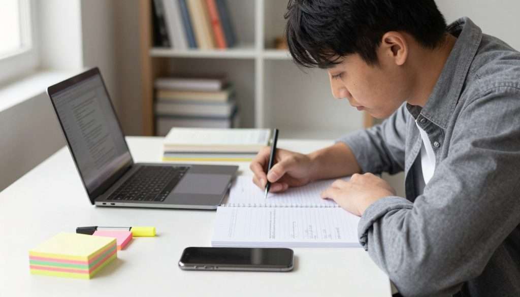 A focused student sitting at a clean, organized desk with open notes in front of them, immersed in studying. The student's smartphone is set aside, face down, to minimize distractions, emphasizing a moment of concentration. In the foreground, a stack of colorful sticky notes and a highlighter add a pop of color. The middle ground showcases a laptop with study materials visible on the screen, while the background features softly blurred bookshelves filled with textbooks and reference materials. The scene is well-lit with natural daylight streaming through a nearby window, creating a warm and inviting atmosphere. The student is dressed in casual yet professional attire, conveying a serious yet approachable tone, while embodying focus and dedication to learning.