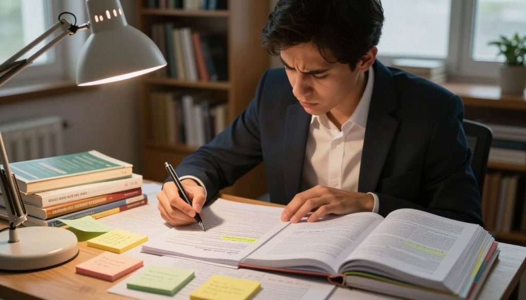 A focused student sitting at a cluttered desk, intently reviewing a stack of meticulously organized reading notes. The foreground features colorful sticky notes and highlighted textbooks, with a warm desk lamp casting a soft glow, illuminating pages filled with handwritten annotations. In the middle ground, the student, dressed in professional business attire, furrows their brow in concentration, their pen poised as they jot down reminders. The background displays a cozy study environment with bookshelves filled with various texts, an open window letting in soft natural light, creating a calm yet studious atmosphere. The angle is slightly overhead, emphasizing both the notes and the student's engaged expression, conveying a dedicated study session after a delayed review of their materials.