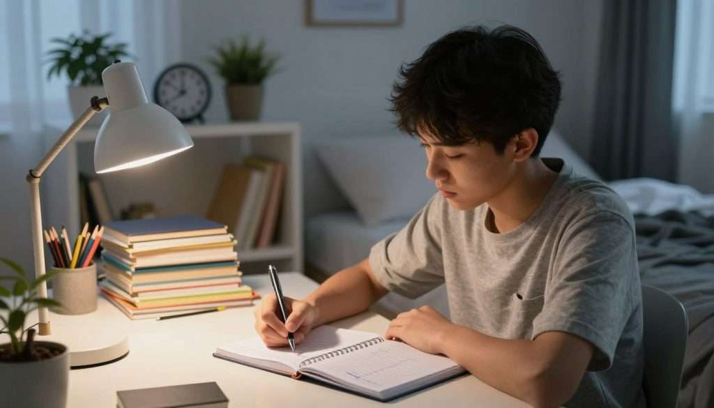 A focused student sitting at a desk in a softly lit bedroom, diligently recording their sleep patterns in a sleep diary. The foreground features a neatly arranged desk with a cozy lamp casting warm light, illuminating the student's thoughtful expression. The student, dressed in casual comfortable clothing, holds a pen and looks down at the diary, which is filled with notes on bedtime and waking hours. In the middle ground, a well-organized shelf with study materials, a clock showing late hours, and a potted plant add a touch of warmth and life. The background captures a serene bedroom atmosphere with soft bedding and dimmed curtains, suggesting a peaceful night. The composition conveys a sense of earnest reflection, emphasizing the importance of sleep for academic success.